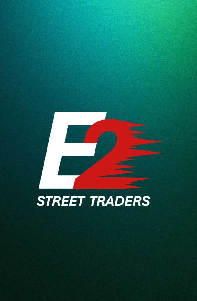 E2 Street Traders logo consisting of an uppercase E and the number 2 followed by "street traders" on a metallic gradient green background