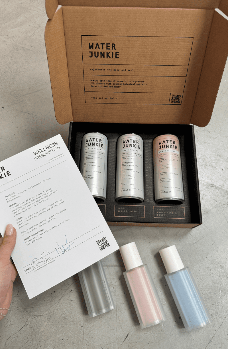A birds eye view of Water Junkie taster pack open on a table placed behind Estrid products