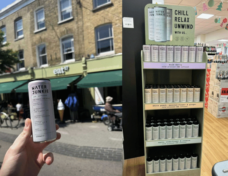 A collage featuring WaterJunkie cans being displayed on shelves in stockist alongside a hand holding up WaterJunkie Wild Berry flavour outside stockist